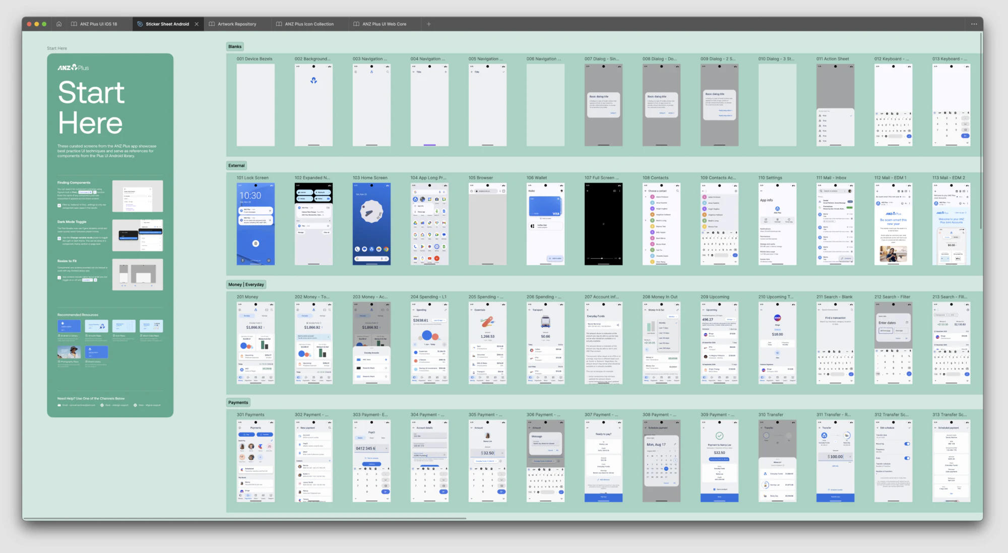 The ANZ Plus design system component library in Figma, from a Start Here guide through screens for iOS, Android and web