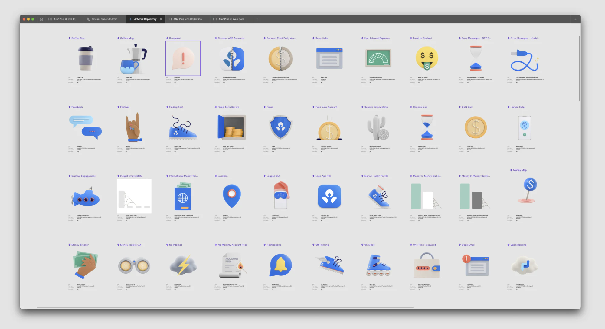 The shared 3D artwork repository, a grid of consistent ANZ Plus illustrations available to every team